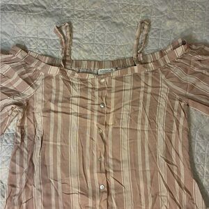 Bobeau Beige Striped Blouse